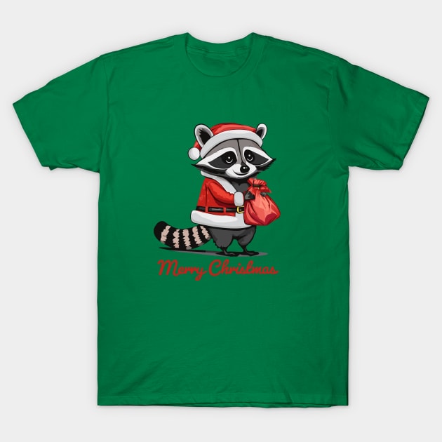 Merry Christmas - Raccoon, AKA a Trash Panda, Dressed as Santa Claus T-Shirt by RS